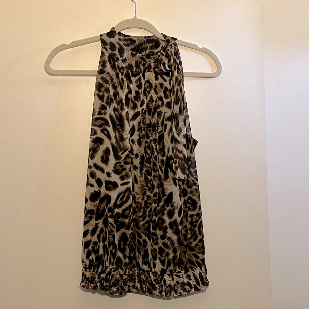 Cheetah Print High Neck Tie Bow Sleeveless Top with Elastic Bottom, Size Medium